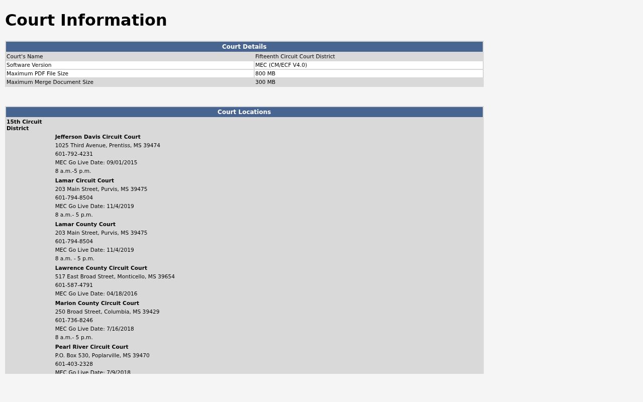 Fifteenth Circuit MEC court information and status flags