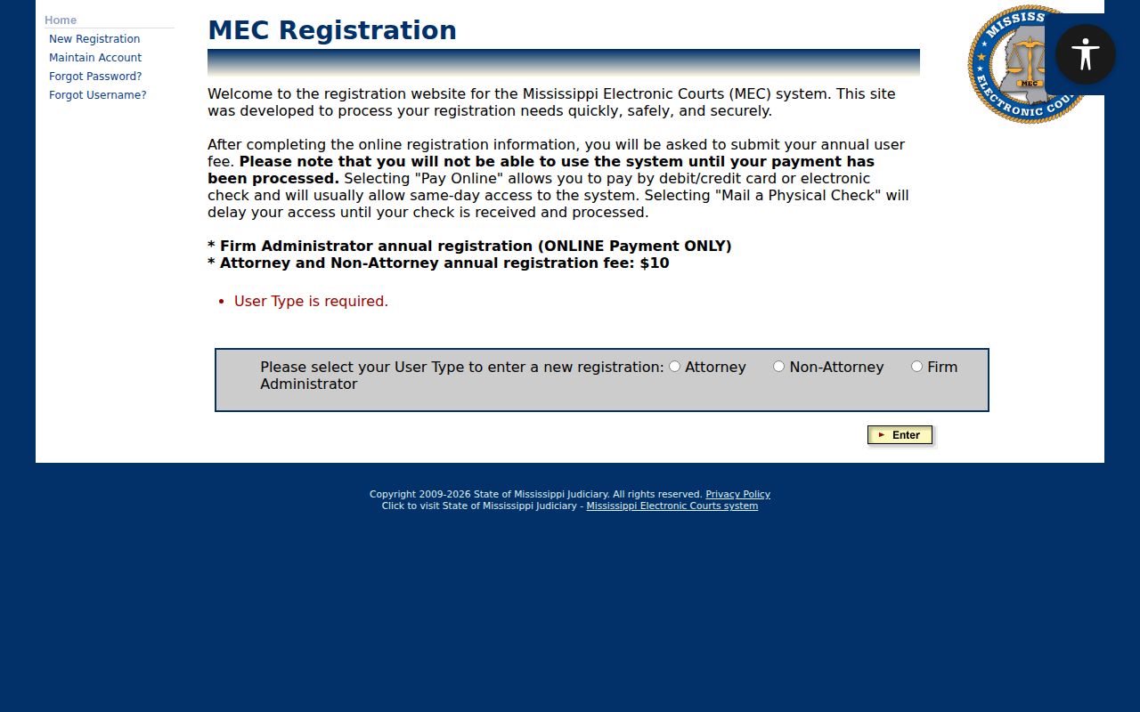 Mississippi PAMEC public registration screen